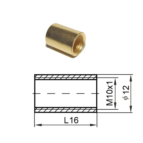 Mufka mosiężna 12x16 mm z gwintem M10/1 Mufka mosiężna 12x16 mm z gwintem M10/1